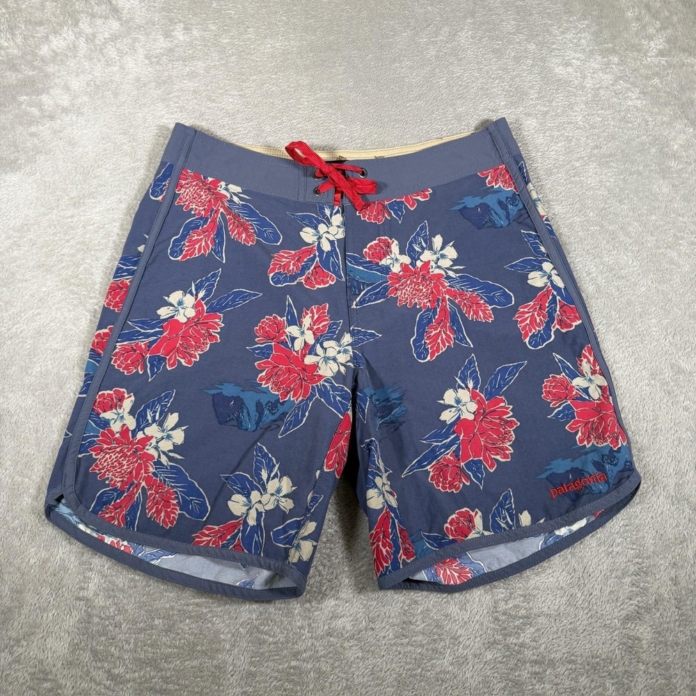 Patagonia Board Shorts Mens 30 Blue Floral Scallop Hem Stretch Wavefarer Surf 7"